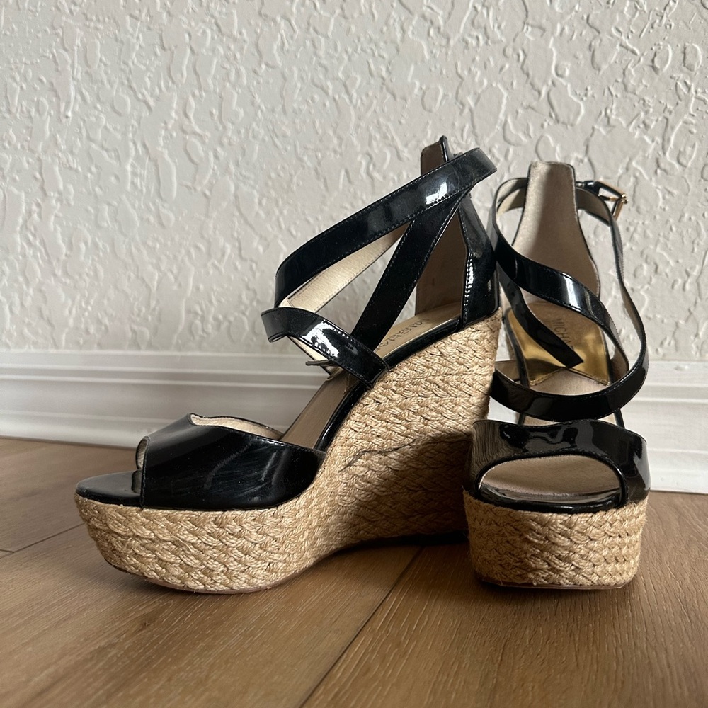 MICHAEL Michael Kors Black Patent Wedge Sandals